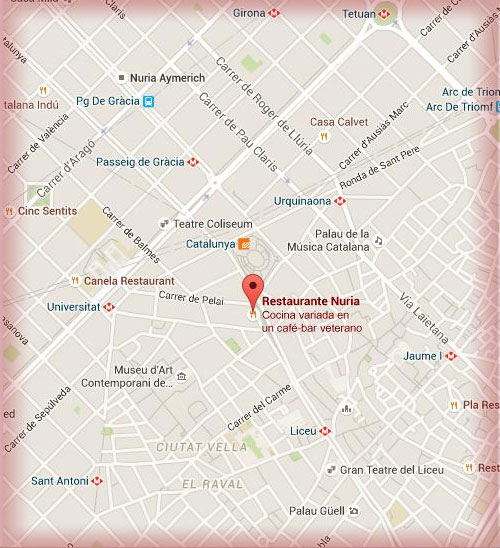 Localizacion restaurante Nuria en mapa de Barcelona via google maps