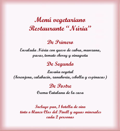 Menu vegetariano restaurante Nuria